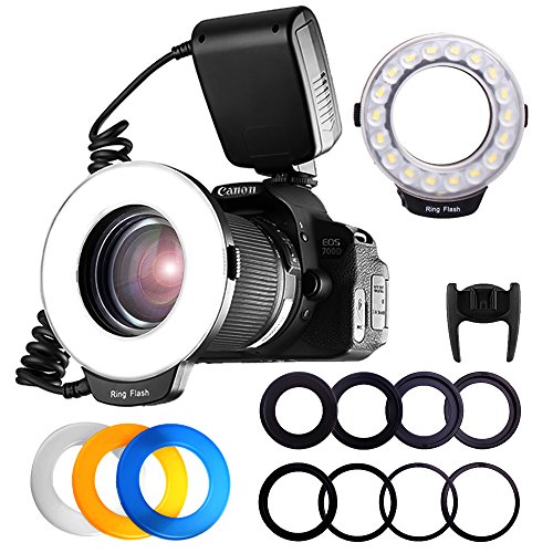 FOSITAN RF-600D 18 LED Anillo Flash Macro Pantalla LCD para Canon Nikon Sony MI Hotshoe Olympus Panasonic Pentax con 8 Anillos Adaptador 4 Flash Diffusers