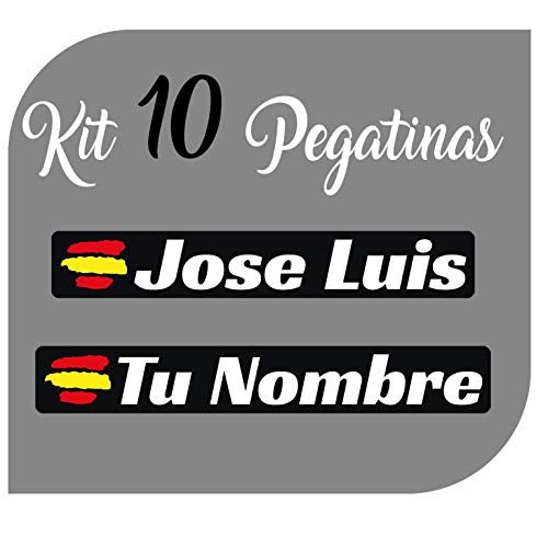 Kit x10 Pegatinas Vinilo Bandera España + tu Nombre - Bici, Casco, Pala De Padel, Monopatin, Coche, Moto, etc. Kit de Diez Vinilos (Pack Fuentes 1)