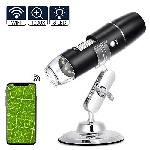 Microscopio Digital WiFi, Recargable 1000x Microscopio USB Portatil HD con Zoom, 8 LED, USB 2.0, Soporte de Metal, Min Microscopio Endoscopio Camara para iPhone iOS Android iPad