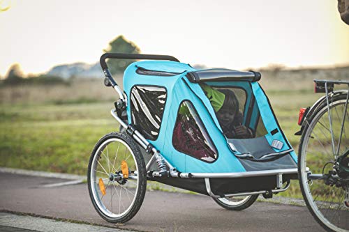 Aurotek Yogui Twin Remolque Bici para Niños, de Dos Plazas, de Aluminio con Suspensión, Fácilemente Transformable en Carrito con Kit de Footing, Barra Incluida, Azul, Medio
