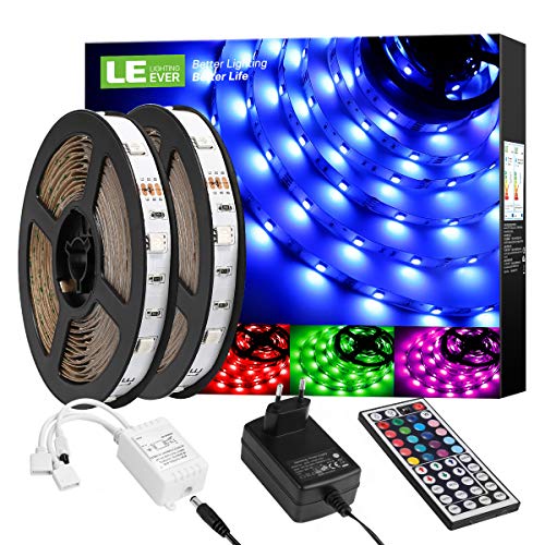 LE Tira Luz RGB 10M, Tira LED 300 SMD 5050, Multicolor y Regulable, Tira Luces LED RGB con 20 Colores 8 Modos, Control Remoto de 44 Teclas 12V 5A, Tiras LED TV para Decoración, Paquete de 2