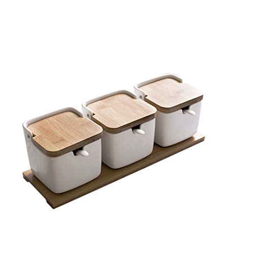 Tarro de cerámica para condimentos con cuchara de azúcar y tapa de bambú, salero y pimentero, caja de especias para el hogar, cocina, bar C