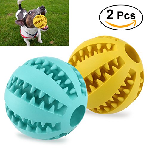 UEETEK 2pcs Juguete de goma masticar mascotas, Squeaker Squeeze Pet Ball juguetes, bola interactiva para mascotas perros masticar jugar Traning ejercicio, diámetro 7.1cm (amarillo + azul)