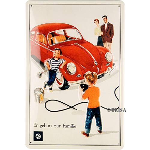 Brisa VW Collection - Volkswagen Escarabajo Coche Beetle Placa Metálica, Cartel de Metal para Pared, Chapa Decorativa Vintage, Póster para Hogar/Taller/Regalo/Souvenir (Er gehört zur Familie/Rojo)