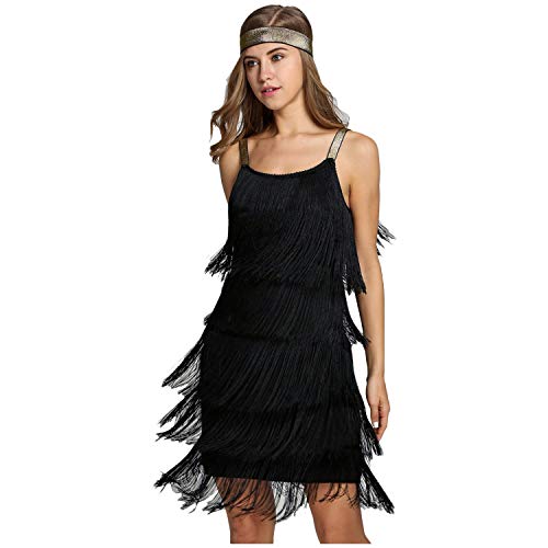 keland Vestido de Traje de Gatsby con Flecos y Flecos con Flecos y Flecos para Mujer (Negro, M)