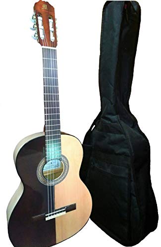 MARCE HELMANTICA - Guitarra Clasica española de estudio + Funda (caja armonica de pino, cuerpo de Sicomoro, Sapelly y Palosanto simulado. Perfiles tintados en negro. Tamaño adulto.)