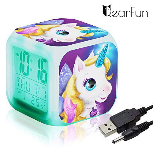 QearFun Unicornio Despertador Infantil Relojes de Alarma Digitales para niñas, LED de Noche Que Brilla intensamente Reloj LCD con luz para niños Despertar Reloj de cabecera (6)