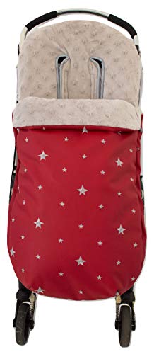 Saco silla de paseo universal polar de invierno en polipiel bordada y tejido minky de estrellas extra-suave. Modelo dikson rojo y gris