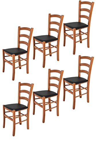 Tommychairs sillas de Design - Set 6 sillas Modelo Venice para Cocina, Comedor, Bar y Restaurante, con Estructura en Madera Color Cerezo y Asiento tapizado en Polipiel Color Negro