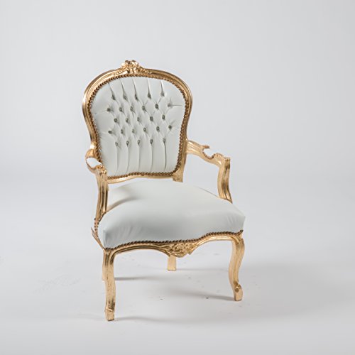 Way Home Store - Sillón barroco Luis estilo francés Luigi XVI dorado y piel sintética blanca 63 x 65 x 94 cm