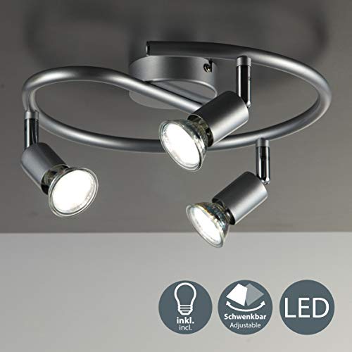 B.K.Licht - Lámpara de techo con 3 focos LED GU10, focos ajustables y giratorios para interiores, de luz blanca cálida , 3W y 250 lúmenes, 3000K, forma de anillo, color titanio, forma de anillo, espiral