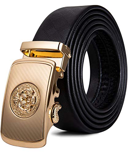 Cinturón de cuero para hombre, con hebilla de trinquete automático con impresión animal en 3D, cinturón negro de diseño sin agujeros para vaqueros, en caja de regalo Negro Un León Negro Oro Large