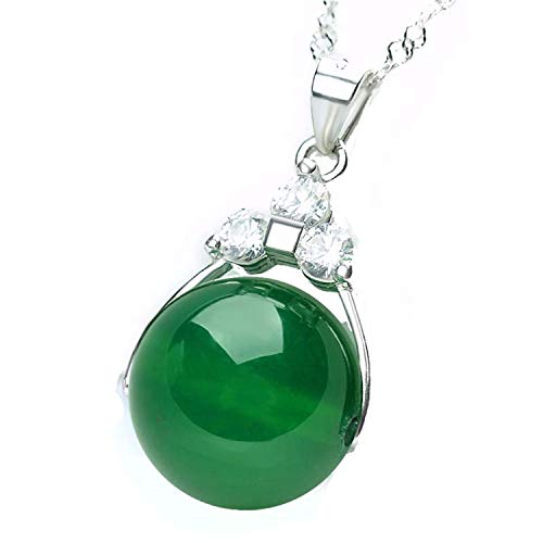 Collar de plata con colgante de piedra de jade verde redonda, para mujer