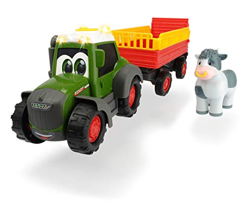Dickie Toys Happy Fendt Trailer, Tractor para niños a Partir de 1 año, Trecker Remolque de Animales, Juguete de Granja, luz y Sonido, 30 cm, Color Verde, Rojo y Amarillo. (203815004)