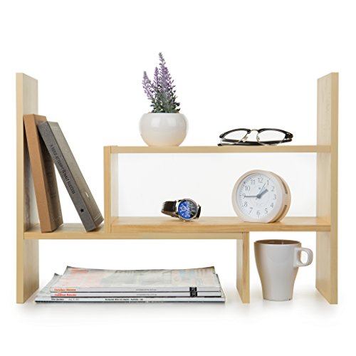 Estante organizador MyGift para escritorio, de madera natural, ajustable e independiente; estante de almacenamiento y exhibición para encimera