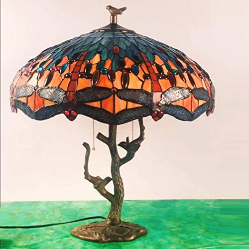 Estilo de Tiffany lámpara de mesa de escritorio lado de las naranja-rojo del vidrio manchado del grano de la libélula 2 Luz en la base de la antigüedad de la resina para la sala de estar Dormitorio