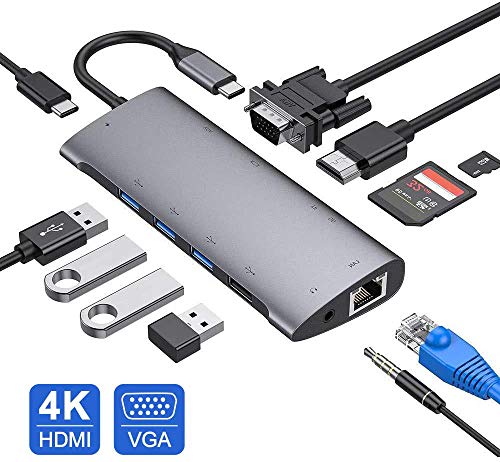 FLYLAND Hub USB C, Adaptador de concentrador Tipo C con 4K HDMI, 1080P VGA, 4 USB 3.0/2.0, Puerto de Suministro de energía, Ethernet RJ45, Lector de Tarjetas SD/TF, Audio de 3.5 mm para Macbook Pro