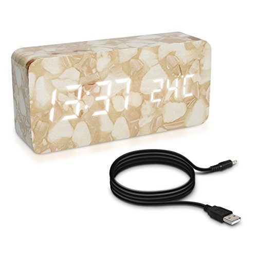 kwmobile Reloj Digital con Aspecto de mármol - Despertador con función de Hora Fecha Temperatura - Reloj Despertador con Cable USB y Leds Blancas