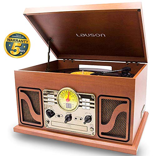 Lauson CL606 Tocadiscos Vintage 2 Altavoces Estéreo Integrado | Reproductor de Vinilo con Radio FM y Sistema de Música Retro, Reproductor de CD, Cassete y USB/ MP3 | Función Bluetooth | 3 Velocidades
