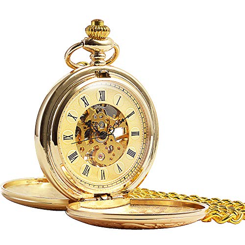 ManChDa® Vintage Champagne Oro Reloj de Bolsillo para los Hombres Mujeres Cazador de Doble Grabado Esqueleto Movimiento mecánico de Oro Números Romanos con Cadena + Caja Regalo
