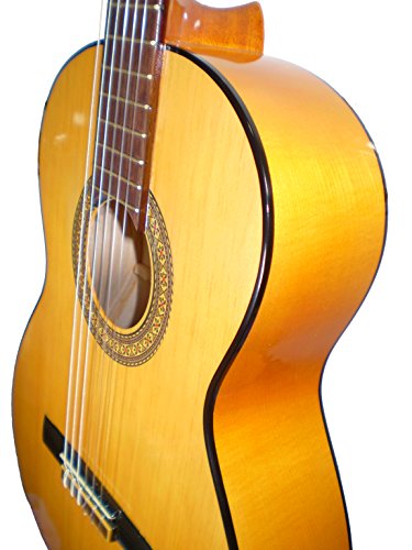 MARCE FLAMENCO 1 - Guitarra Clasica española de estudio + Funda (caja armónica de sicomoro, diapasón madera tintado, dos perfiles tintados en negro, acción baja. Tamaño adulto)