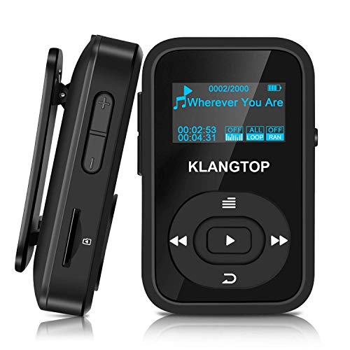 Mini Reproductor MP3 Deportivo con Clip Bluetooth 4.0 KLANGTOP Reproductor de Música de 8G, 30 Horas Reproducción Radio FM Grabación Walkman Pantalla de Color - Negro