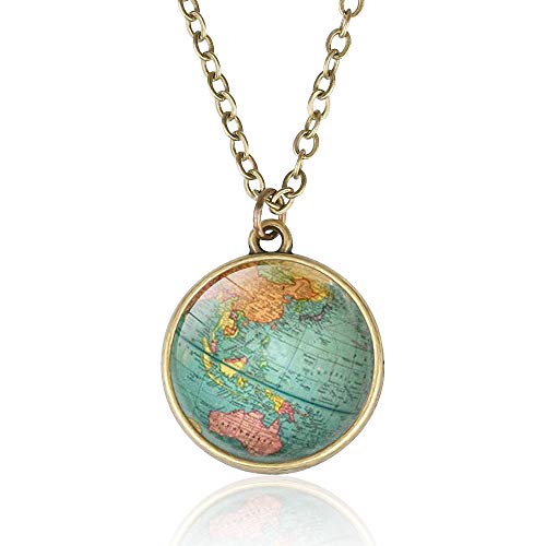 Ranikeer Collares para Mujer y Hombres, Collar cadena de suéter con mapa mundial colgante de bola de cristal de doble cara, Joyas de estilo vintage unisex
