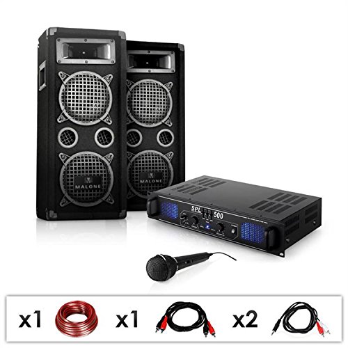 Set PA DJ-25 Amplificador con Pareja de Altavoces y micrófonos (1600W de Potencia, subwoofers de 20 cm, Equipo para Fiestas y Eventos)