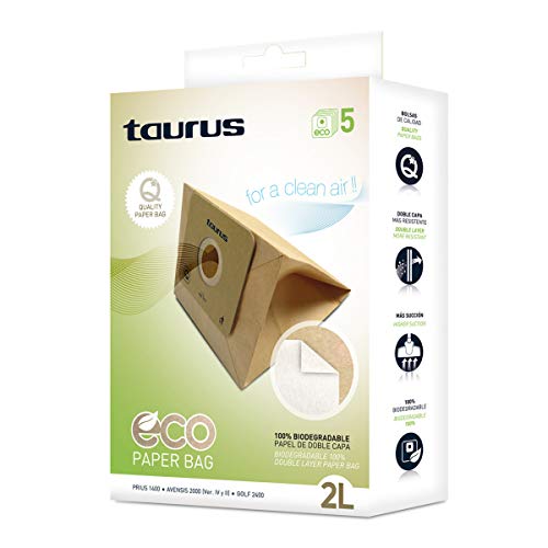 Taurus 999193000 Paquete de 5 bolsas de papel ECO para aspiradores trineo de 2 litros de capacidad, biodegradables, Plastic, Madera