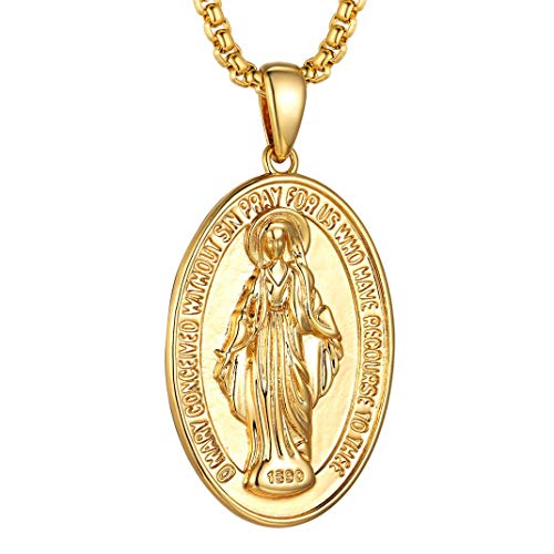 GoldChic Jewelry Medalla Oro baño Virgen Milagrosa Texto de Biblia Colgante de Estrella Corazon con Cadena Ajustable Dorada Gratis Caja de Regalo