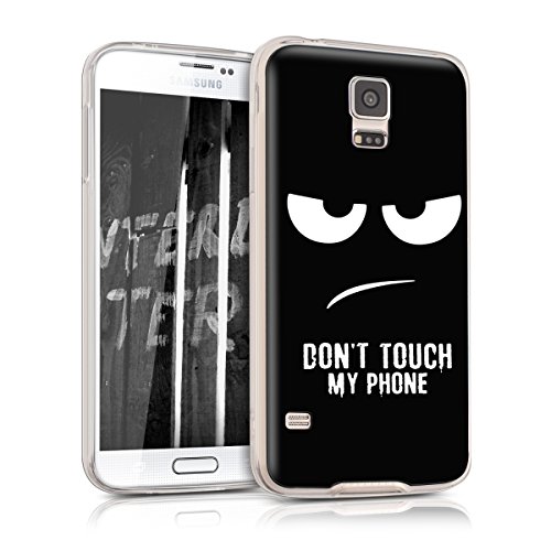 kwmobile Funda Compatible con Samsung Galaxy S5 / S5 Neo - Carcasa de TPU y Don't Touch my Phone en Blanco/Negro
