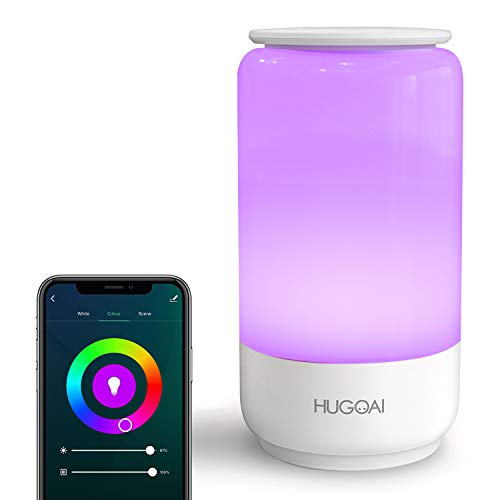 Lámpara de mesilla LED inteligente,lámpara de mesa HUGOAI regulable,luz nocturna, con temperatura de color y cambio de color RGB y conexión Wi-Fi,compatible con Alexa/Google Assistant e IFTTT-Blanco