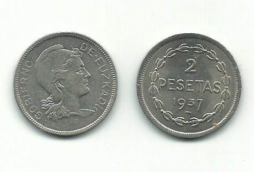 Matidia Moneda Original 2 PESETAS Gobierno DE EUSKADI 1937 REPÚBLICA ESPAÑA Guerra Civil