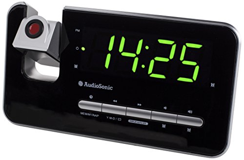 Audiosonic CL-1492 – Reloj despertador con dos alarmas, radio FM, proyector