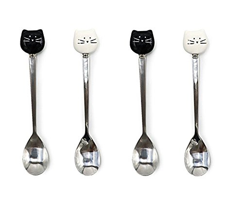 Ayomi Little Cute cerámica gato de acero inoxidable cuchara para remover té café azúcar cucharas de postre juego de 4