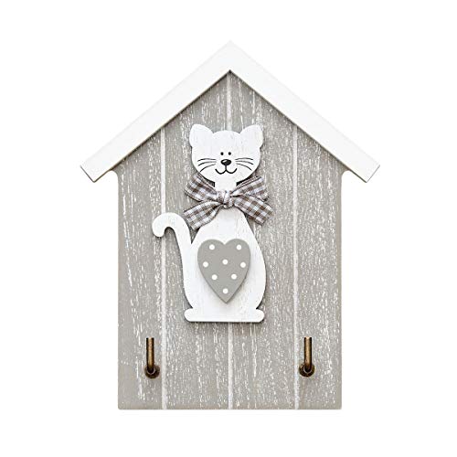 Colgador de llaves para pared en madera, estante para llaves, organizador colocar llaves con 2 ganchos- forma de casa con figura de gato, color blanco y gris para hogar recibidor cocina decoración