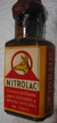 LOTE de 3 botellitas antiguas de NITROLAC, tintura brillante para calzados y demÃ¡s articulos de cuero