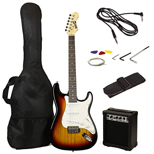 RockJam Superkit de guitarra eléctrica de tamaño completo con amplificador de guitarra, Cuerdas de guitarra, Correa, Bolsa y cable de guitarra Sunburst