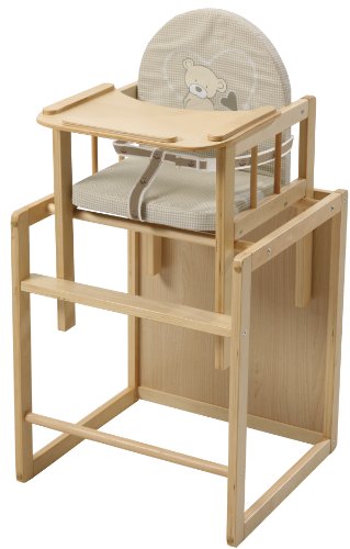 Trona Combi roba, trona con bandeja transformable en silla y mesa independientes, trona infantil en madera natural, asiento tapizado en diseño 'Lovely Bear'