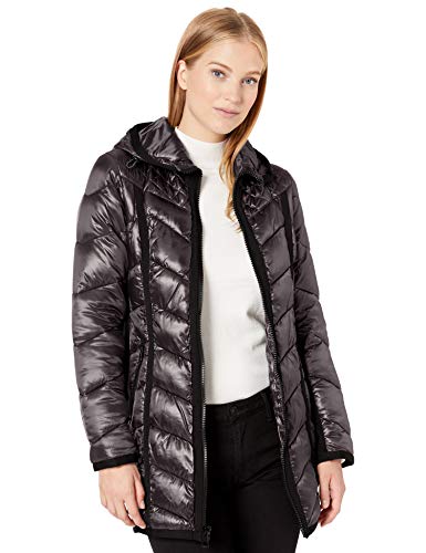 GUESS Women's Knee Length Quilted Iridescent Cire Puffer Coat with Hood