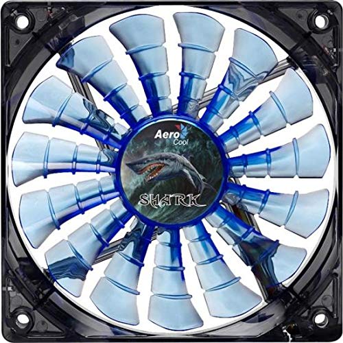 Aerocool SHARK - Ventilador gaming para PC (12 cm, 12V/7V, 15 aspas, 14.5 dBA, 1500rpm, iluminación LED azul, ultrasilencioso, antivibración, cables enmallados), color azul
