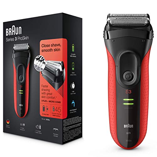 Braun Series 3 ProSkin 3030 S Afeitadora Eléctrica Hombre, para la Barba, con Recortadora de Precisión Extraíble, Recargable, Resistente al Agua, Negro/Rojo