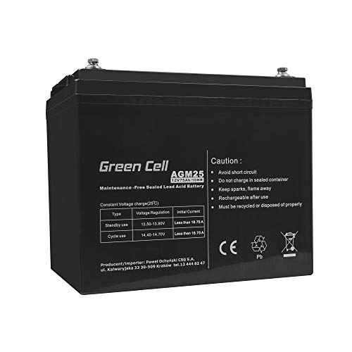 ﻿Green Cell® Recambio de Batería AGM (12V 75Ah VRLA Faston B4) Pila sellada de Plomo Acido Recargable Sealed Lead Acid VRLA para alarmas de hogar, Juguetes electricos, Sistemas UPS USV, Solarpanel