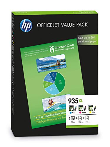 HP F6U78AE 935XL Paquete de alto rendimiento: Cartuchos de Tinta cian, magenta y amarilla, con 50 folios A4 All-In-One de impresión y 25 folios A4 Professional Matt Inkjet, 3 unidades