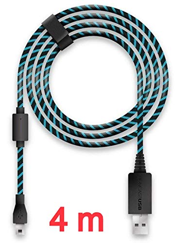 Lioncast Cable de carga para Controladores Xbox One y PS4 con forro de tela y organizador de correa para cable, MicroUSB 2.0; 1 x 4 metros - Azul y Negro