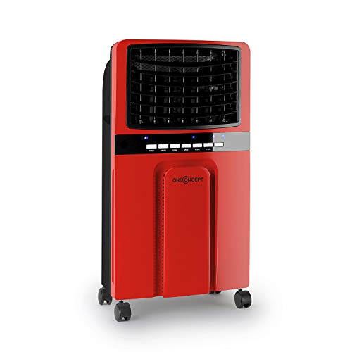 oneConcept Baltic Red – Enfriador de aire 3 en 1, ventilador, humidificador y enfriador de aire, 65 W, caudal de 360 m³/h, depósito de 6 litros, 2 acumuladores de frío, oscilación horizontal, rojo