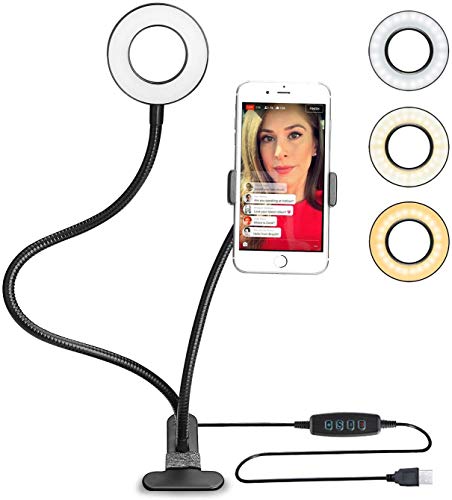 Selfie LED Light con Soporte(Negro),Maquillaje,Toma de Fotos,Chat en Línea,Luz Selfie Regulación del Brillo de 10 niveles,Ajuste de 3 Colores,Adecuado para Teléfonos Inteligentes
