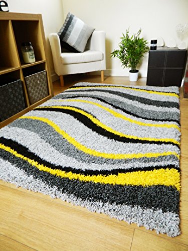 Nueva alfombra suave y peluda con diseño moderno en negro, amarillo y gris plateado (6 tamaños disponibles), polipropileno, Yellow, Silver, Grey, Black, 200X290CM
