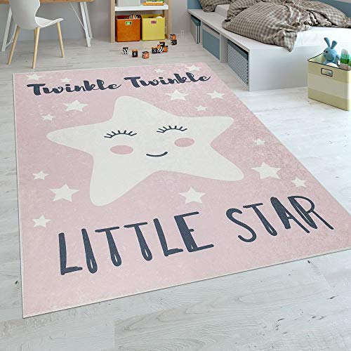 Paco Home Alfombra Habitación Infantil Niña Lavable Estrella Adorable Frase Rosa Blanco, tamaño:80x150 cm