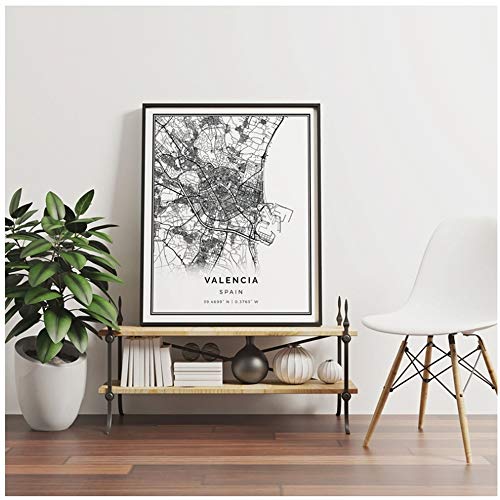 YANGMENGDAN Impresión en Lienzo Valencia Map Poster Print Wall Art Picture Spain City Street Map Painting Nordic Picture Home Wall Decor 23.6 ”x 35.4” (60x90cm) Sin Marco